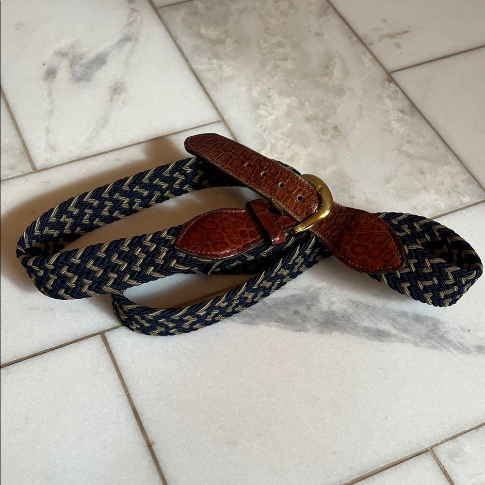 Men’s Woven Crookhorn Blue and Brown Belt with Gold Buckle